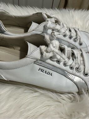 Prada White Leather Sneakers with Silver Accents sz 10 men’s